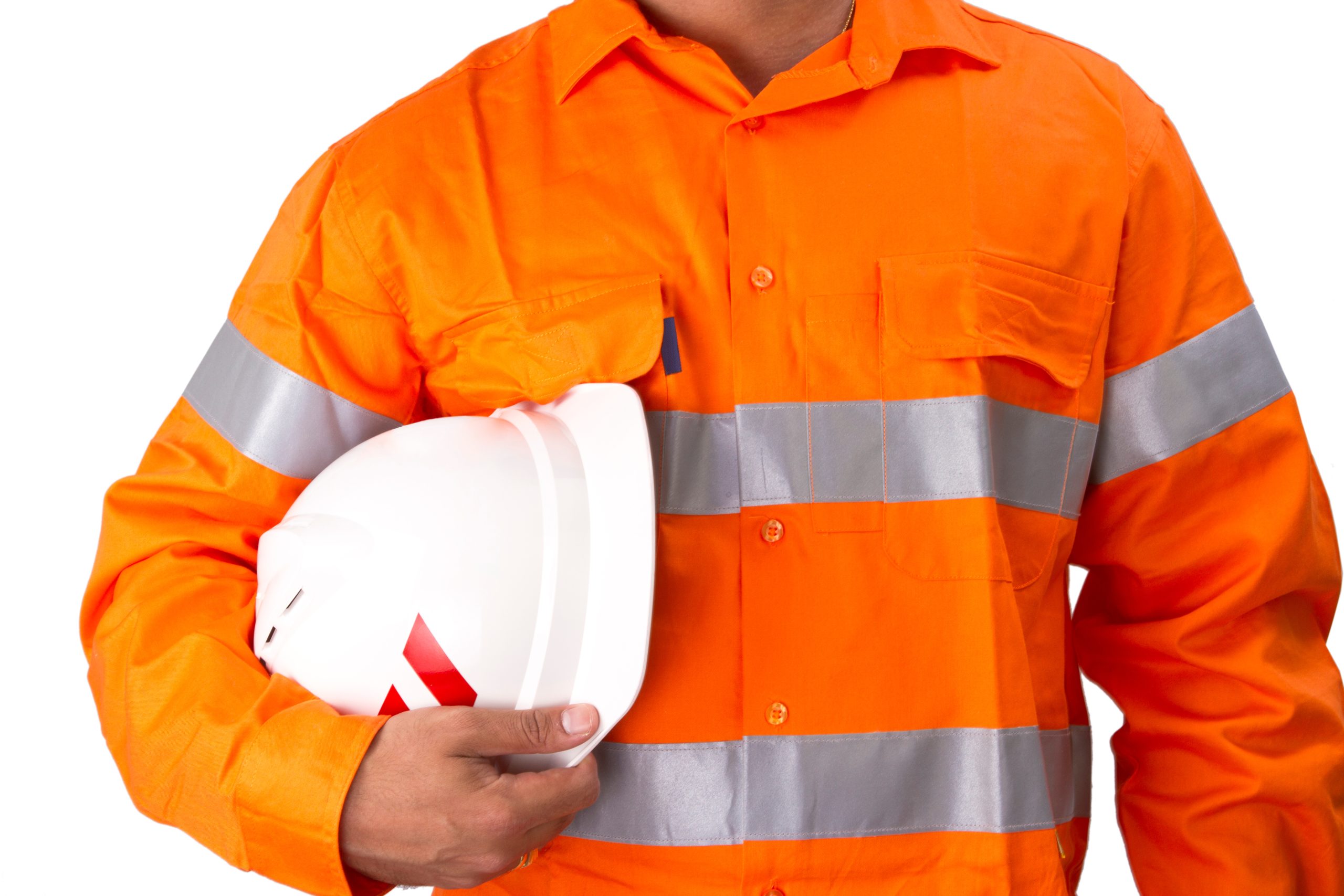 Supervisor with construction hard hat and high visibility shirt on a white background. Men with reflective high visibility orange shirt or work wear for highly visible from all directions in work environment for trade jobs or out door employees.