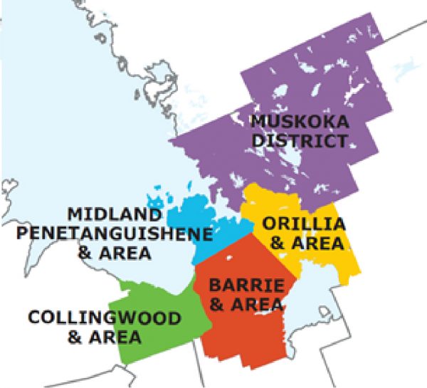 Service areas location map, Muskoka District, Orillia & Area, Midland Penetanguishene & Area, Barrie & Area, Collingwood & Area